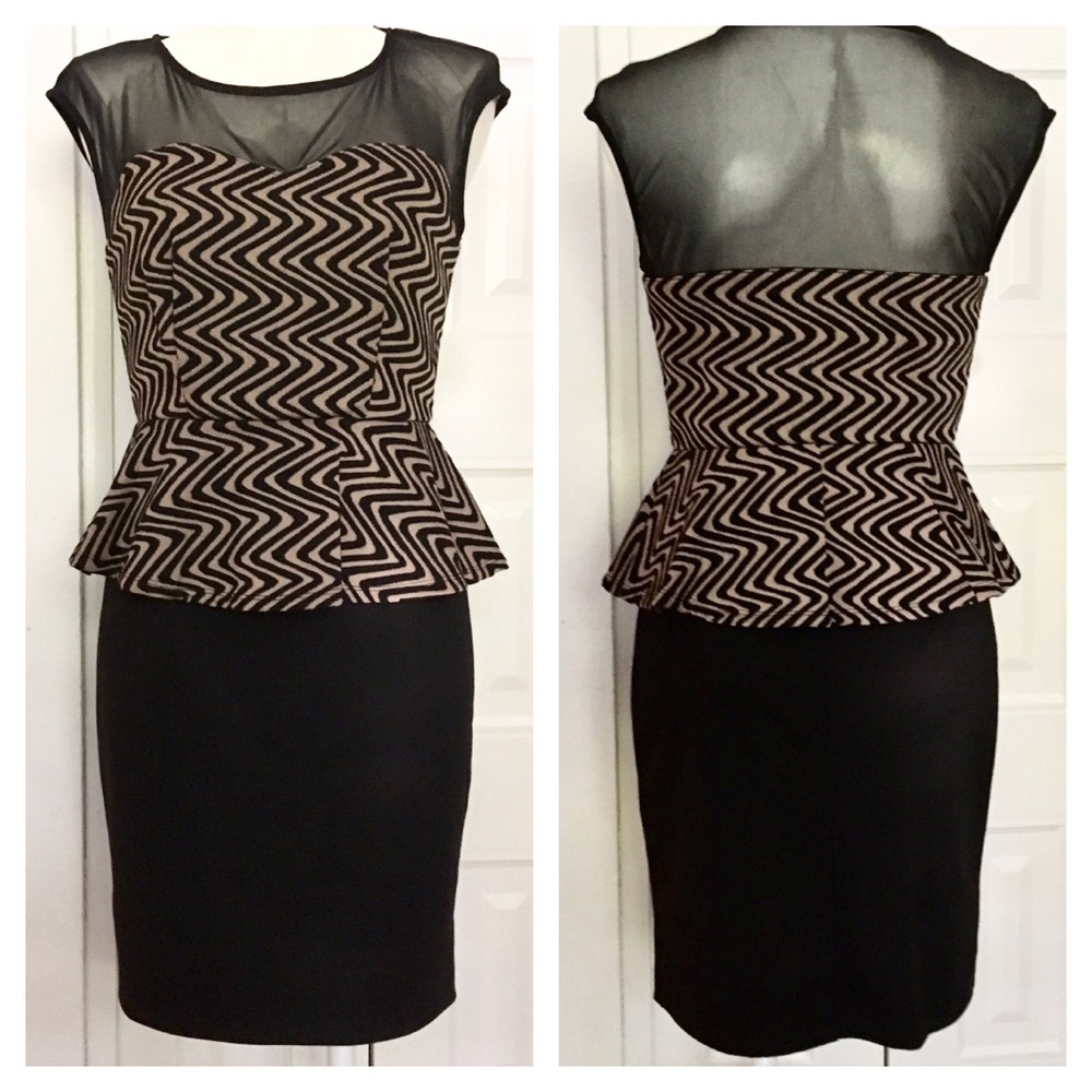 Black & tan peplum dress illusion neckline size 6, NWOT